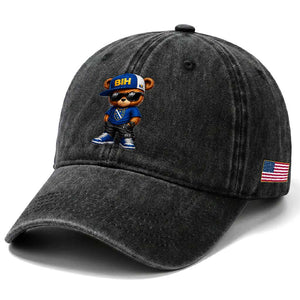 BIH Bosnia Teddy Bear Graphic Washed Cotton Baseball Cap Golden Lily Heritage Urban Streetwear Style