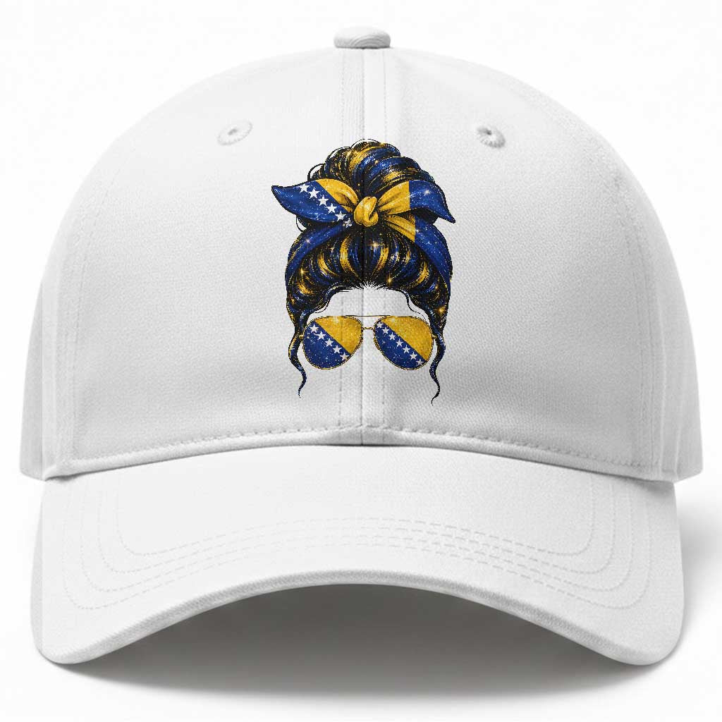 Bosnian Girl Messy Bun Flag Bandana Woman Graphic Baseball Cap Bosnia Herzegovina Pride