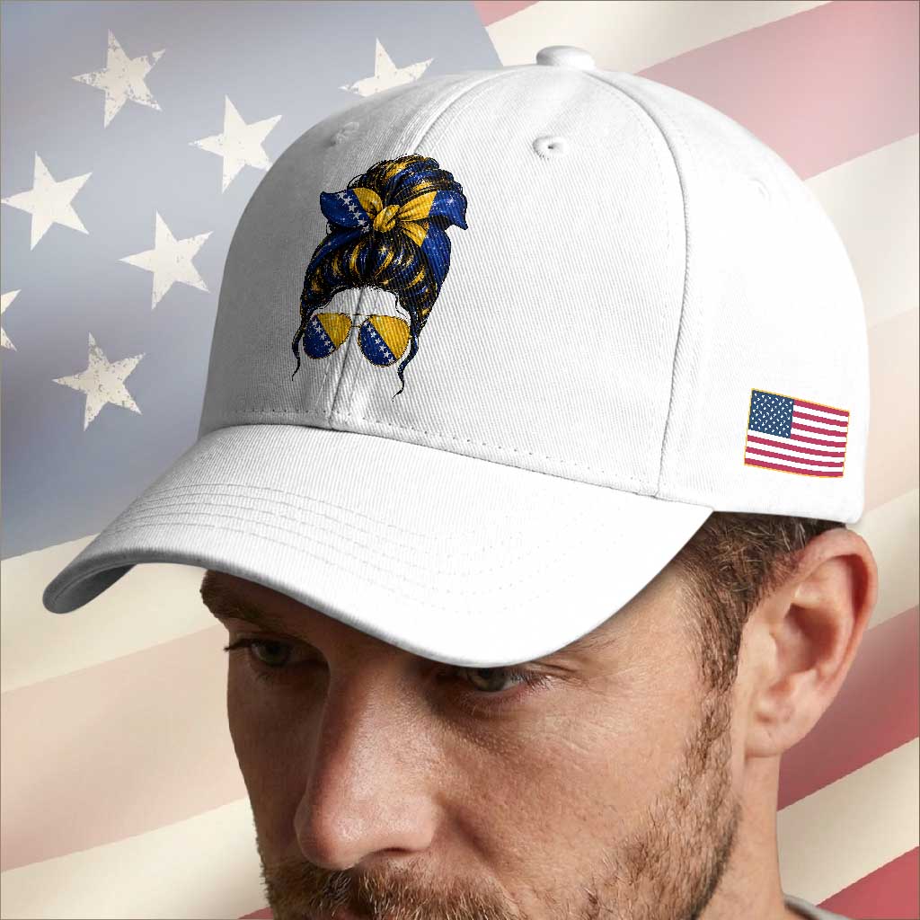 Bosnian Girl Messy Bun Flag Bandana Woman Graphic Baseball Cap Bosnia Herzegovina Pride