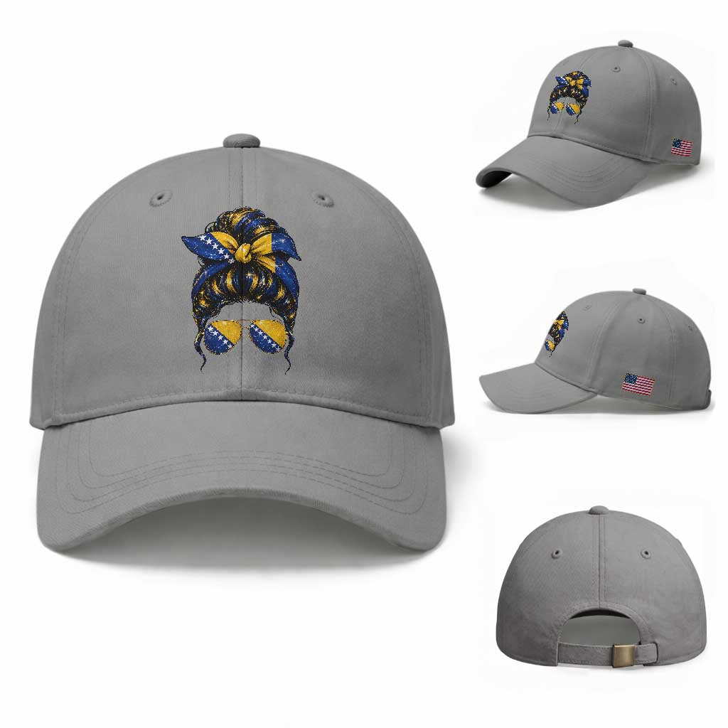 Bosnian Girl Messy Bun Flag Bandana Woman Graphic Baseball Cap Bosnia Herzegovina Pride