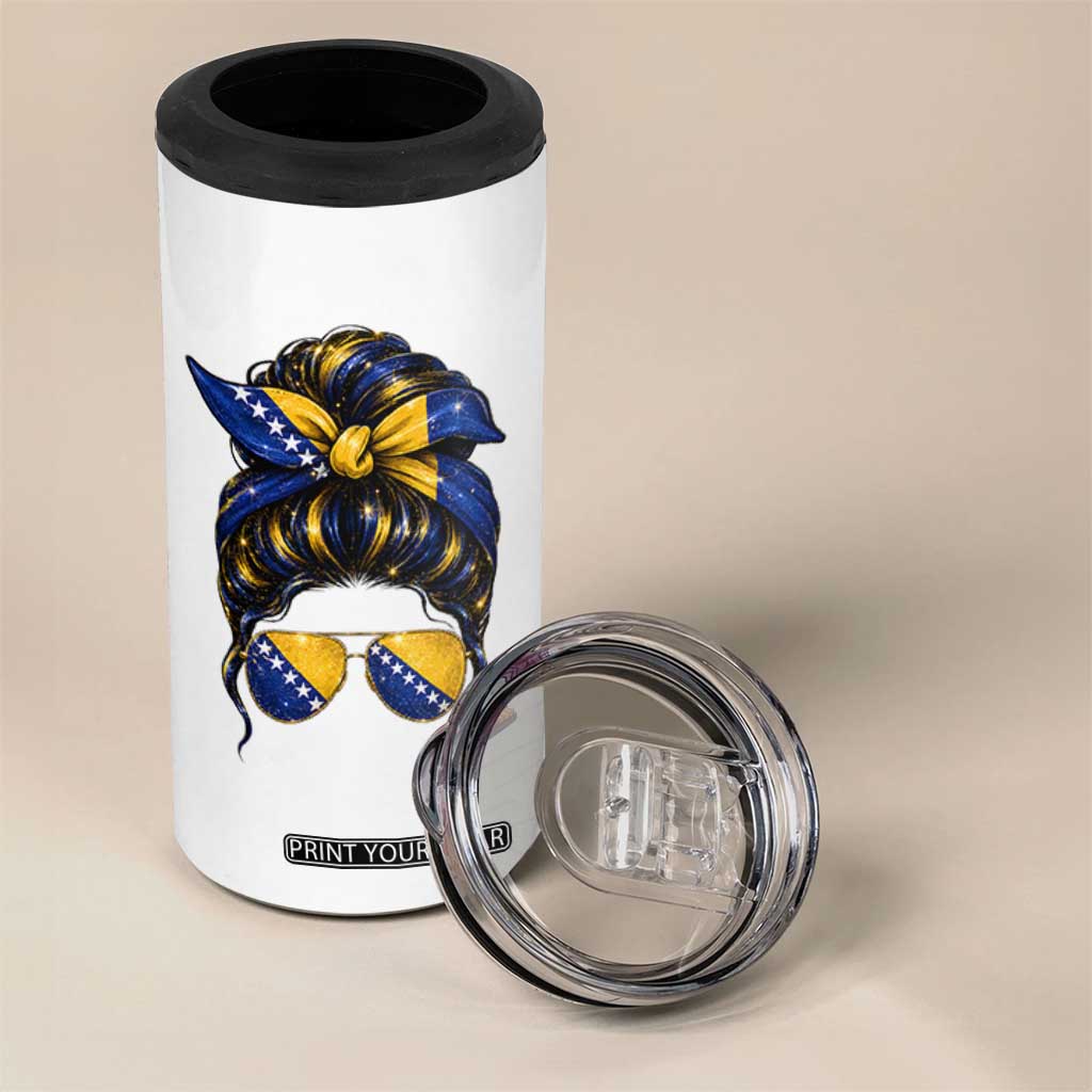 Bosnian Girl Messy Bun Flag Bandana Woman Graphic 4 in 1 Can Cooler Tumbler Bosnia Herzegovina Pride
