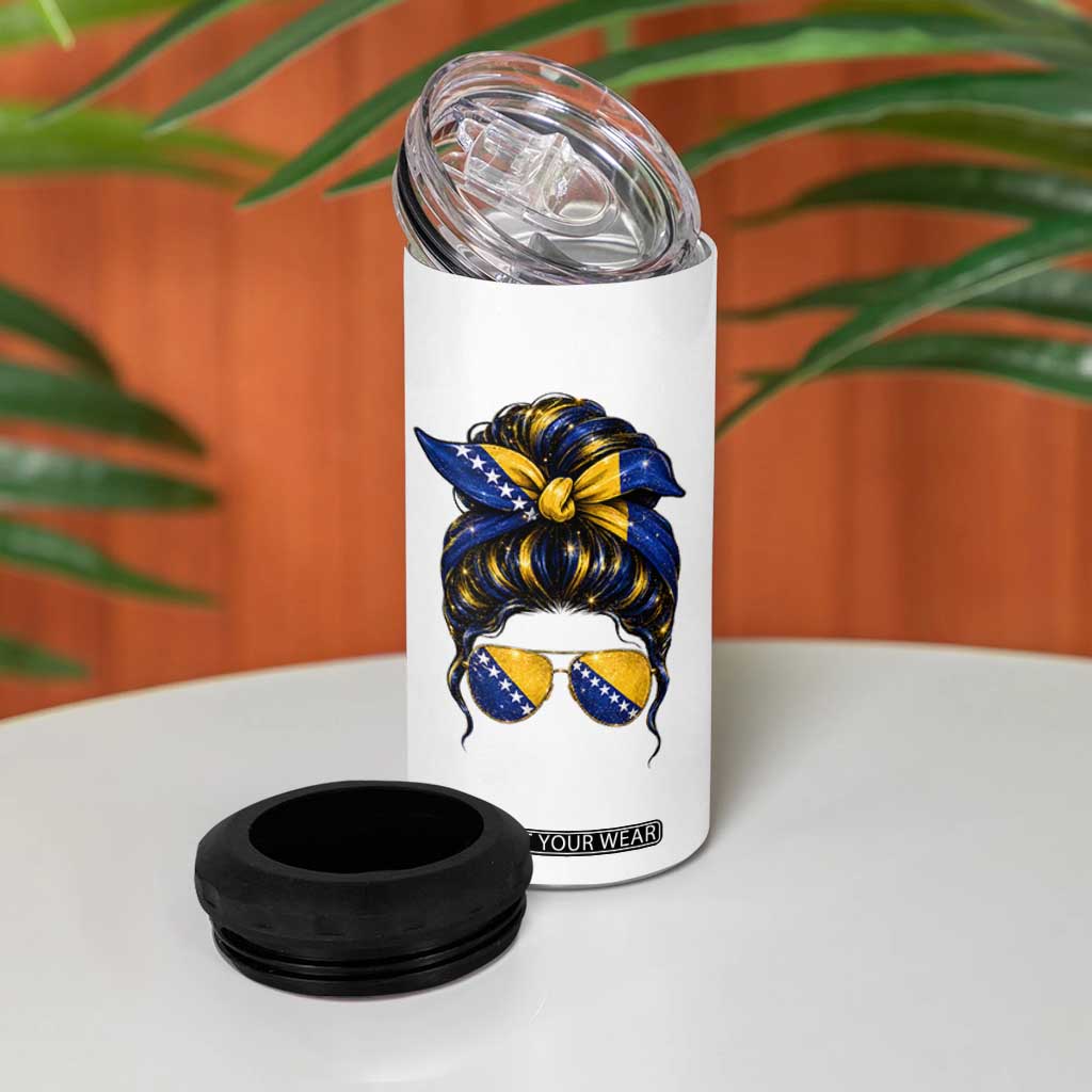 Bosnian Girl Messy Bun Flag Bandana Woman Graphic 4 in 1 Can Cooler Tumbler Bosnia Herzegovina Pride