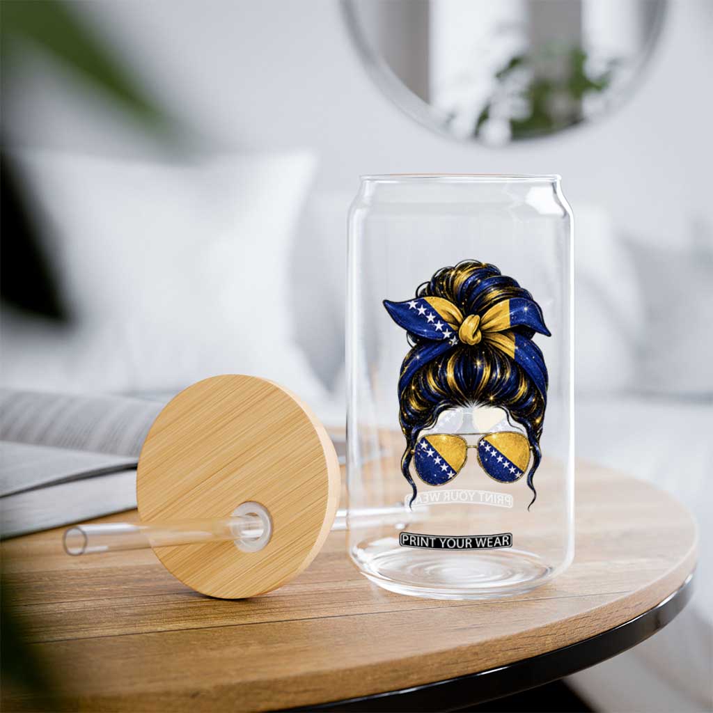 Bosnian Girl Messy Bun Flag Bandana Woman Graphic Glass Can Bosnia Herzegovina Pride