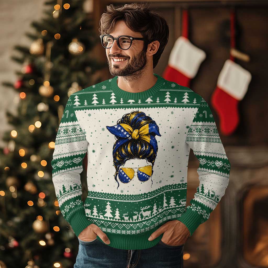 Bosnian Girl Messy Bun Flag Bandana Woman Graphic Ugly Christmas Sweater Bosnia Herzegovina Pride TS02 Beige Green Print Your Wear