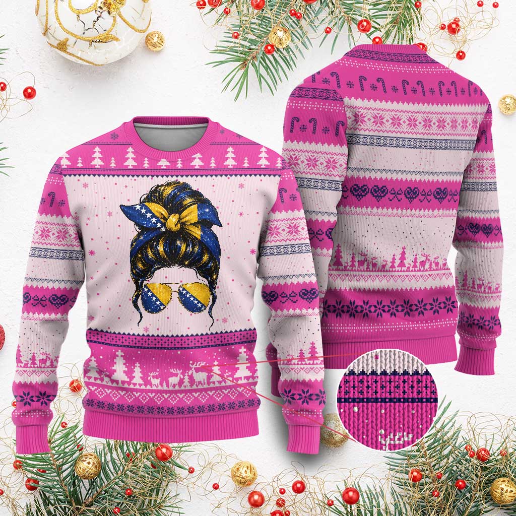 Bosnian Girl Messy Bun Flag Bandana Woman Graphic Ugly Christmas Sweater Bosnia Herzegovina Pride TS02 Hot Pink Print Your Wear
