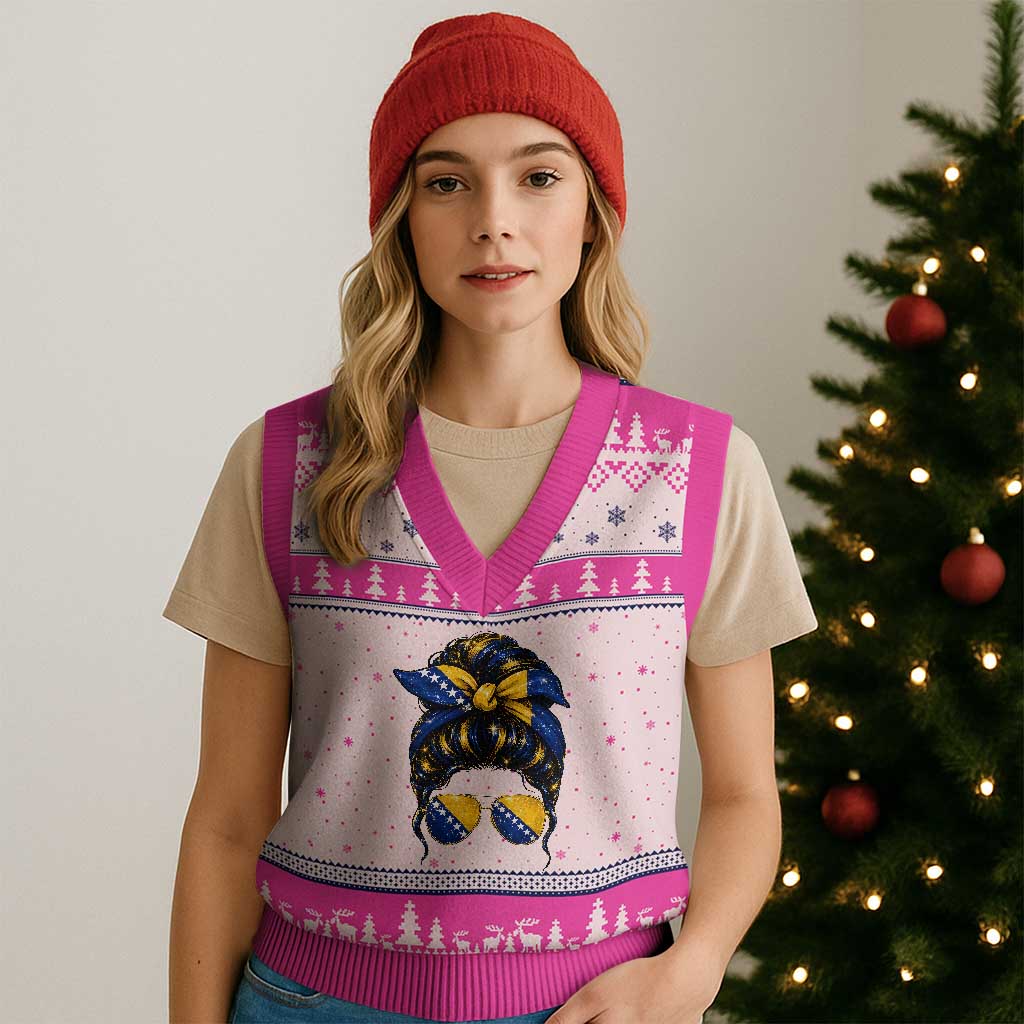 Bosnian Girl Messy Bun Flag Bandana Woman Graphic V-Neck Knit Sweater Vest Bosnia Herzegovina Pride TS02 Hot Pink Print Your Wear