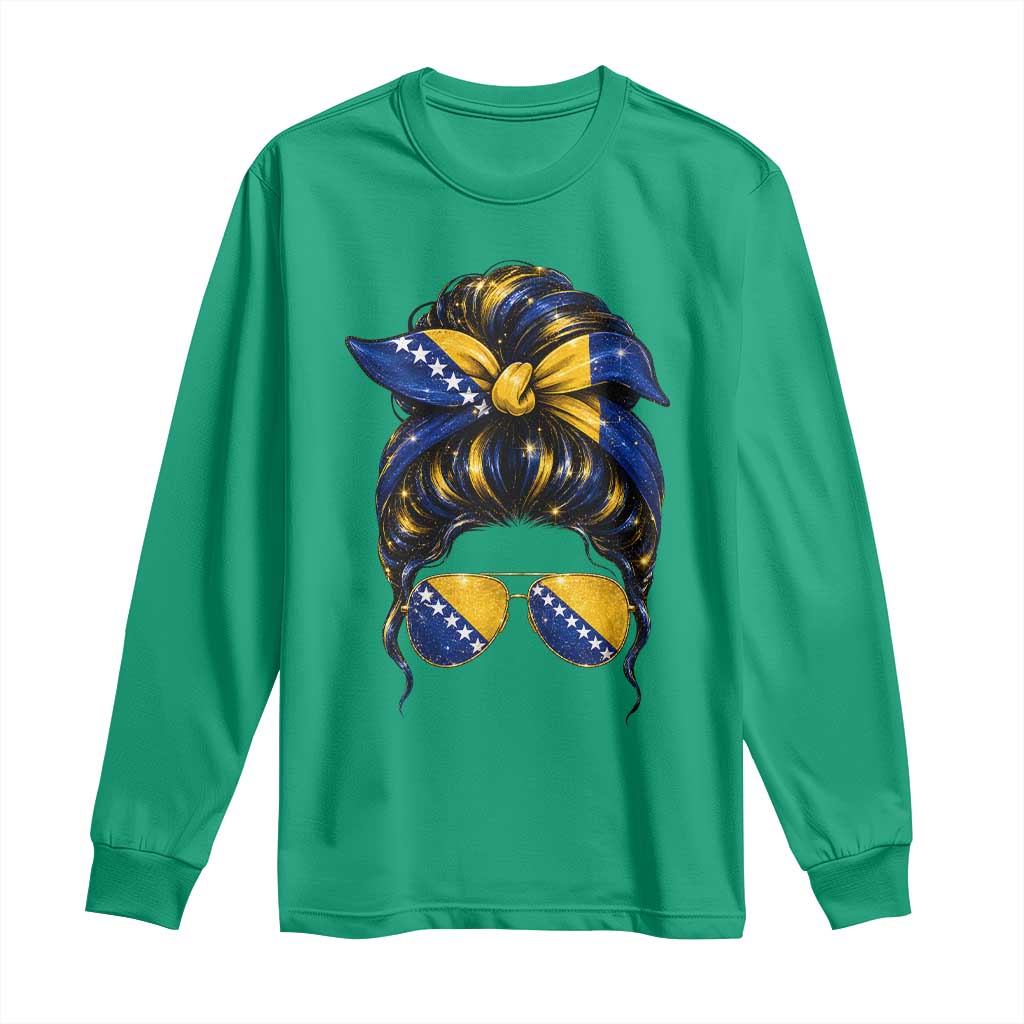 Bosnian Girl Messy Bun Flag Bandana Woman Graphic Long Sleeve Shirt Bosnia Herzegovina Pride