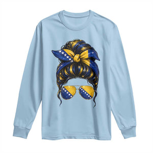 Bosnian Girl Messy Bun Flag Bandana Woman Graphic Long Sleeve Shirt Bosnia Herzegovina Pride
