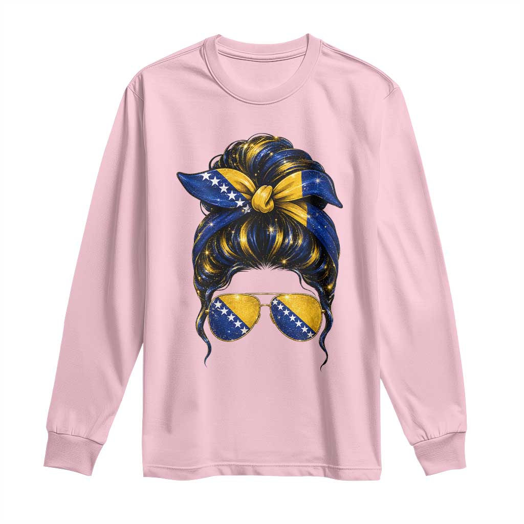 Bosnian Girl Messy Bun Flag Bandana Woman Graphic Long Sleeve Shirt Bosnia Herzegovina Pride