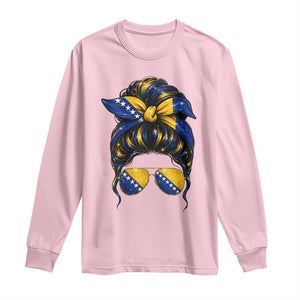 Bosnian Girl Messy Bun Flag Bandana Woman Graphic Long Sleeve Shirt Bosnia Herzegovina Pride