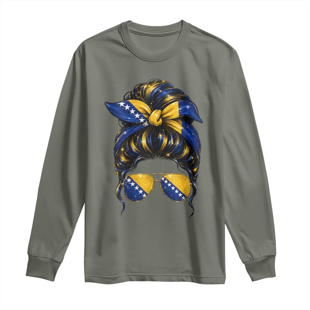 Bosnian Girl Messy Bun Flag Bandana Woman Graphic Long Sleeve Shirt Bosnia Herzegovina Pride
