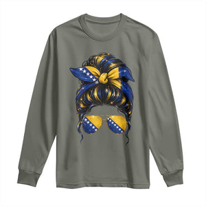 Bosnian Girl Messy Bun Flag Bandana Woman Graphic Long Sleeve Shirt Bosnia Herzegovina Pride