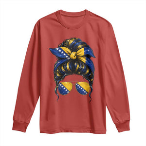 Bosnian Girl Messy Bun Flag Bandana Woman Graphic Long Sleeve Shirt Bosnia Herzegovina Pride
