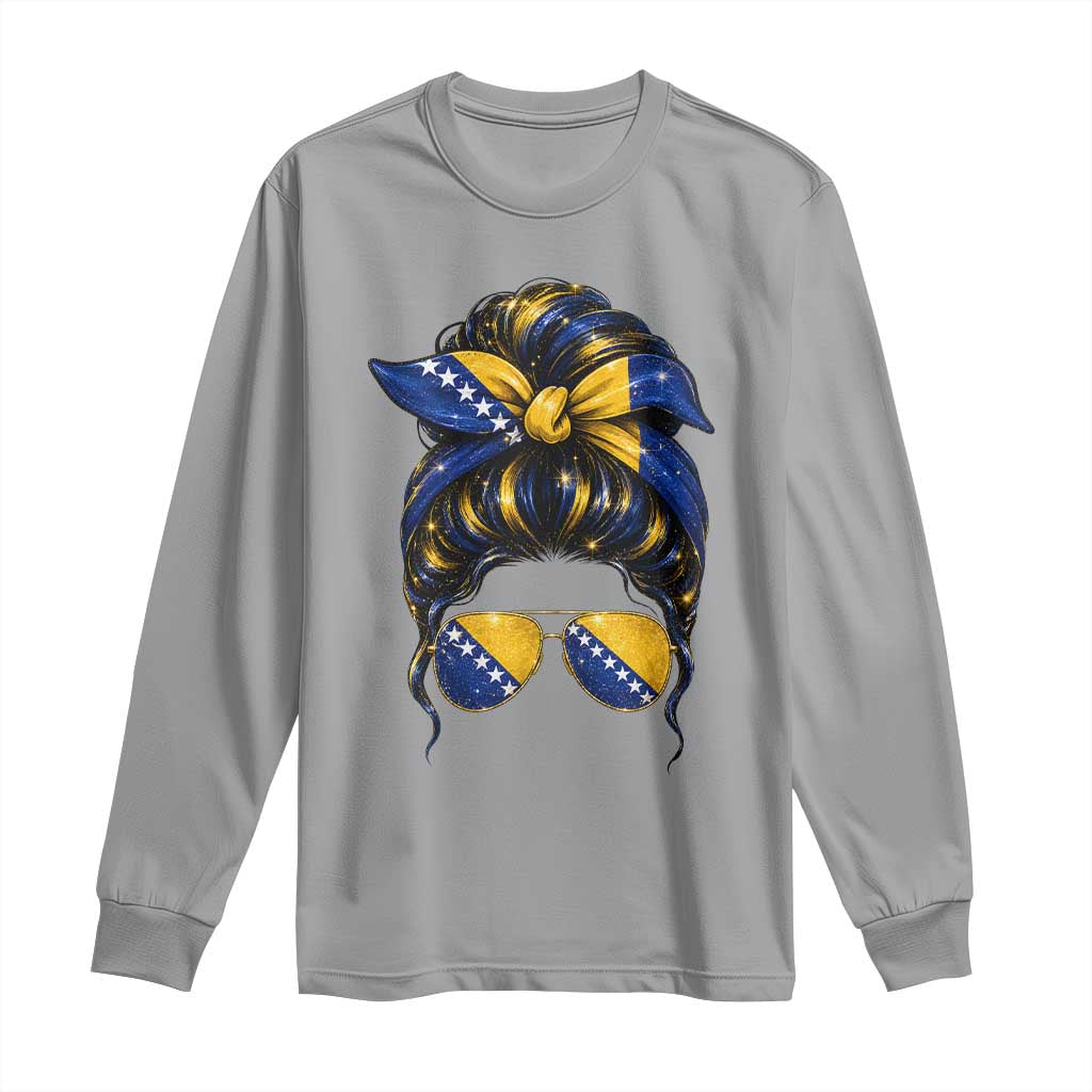 Bosnian Girl Messy Bun Flag Bandana Woman Graphic Long Sleeve Shirt Bosnia Herzegovina Pride