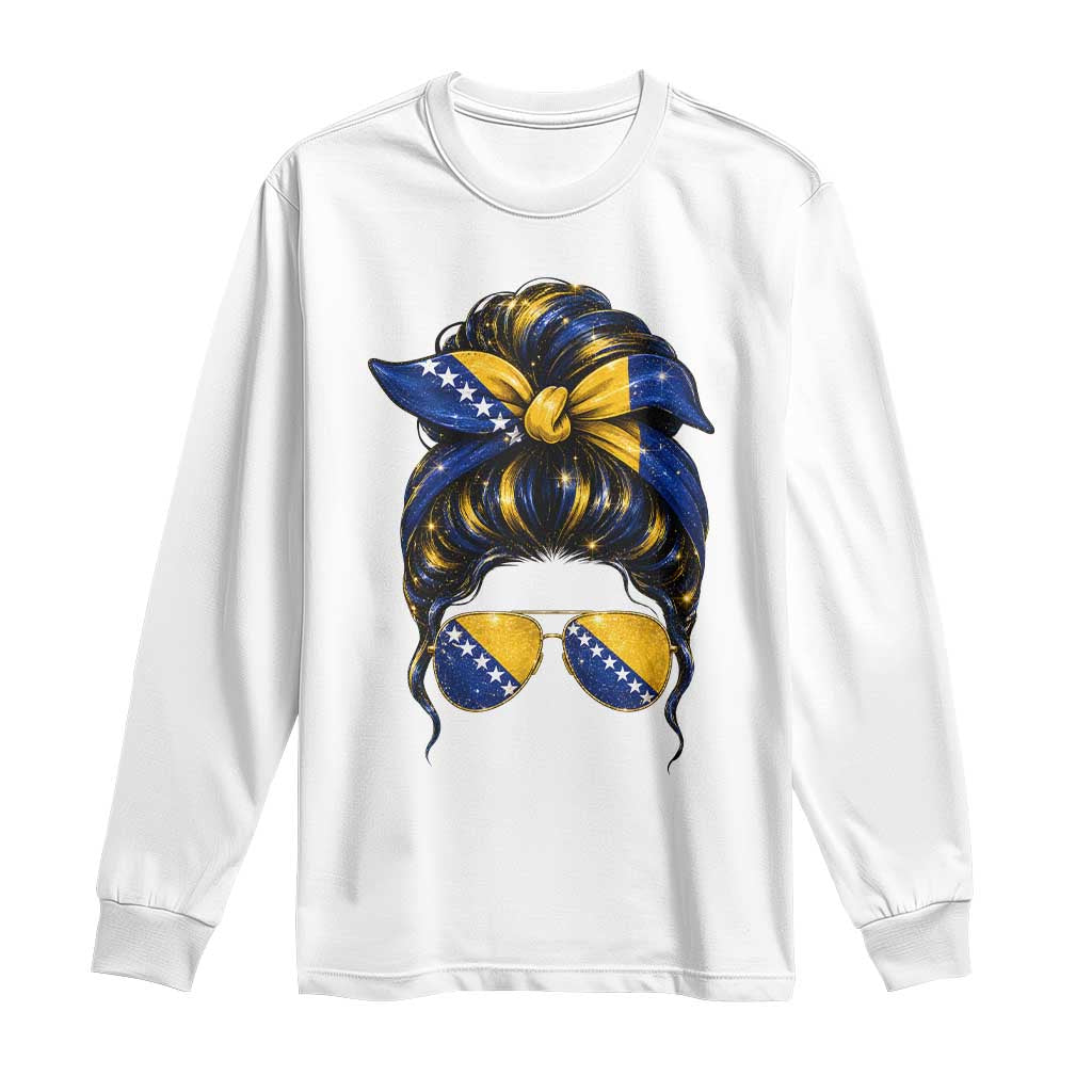 Bosnian Girl Messy Bun Flag Bandana Woman Graphic Long Sleeve Shirt Bosnia Herzegovina Pride