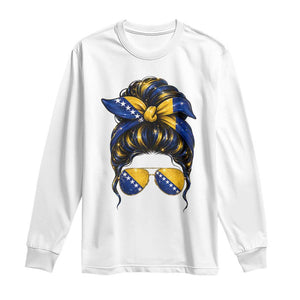 Bosnian Girl Messy Bun Flag Bandana Woman Graphic Long Sleeve Shirt Bosnia Herzegovina Pride