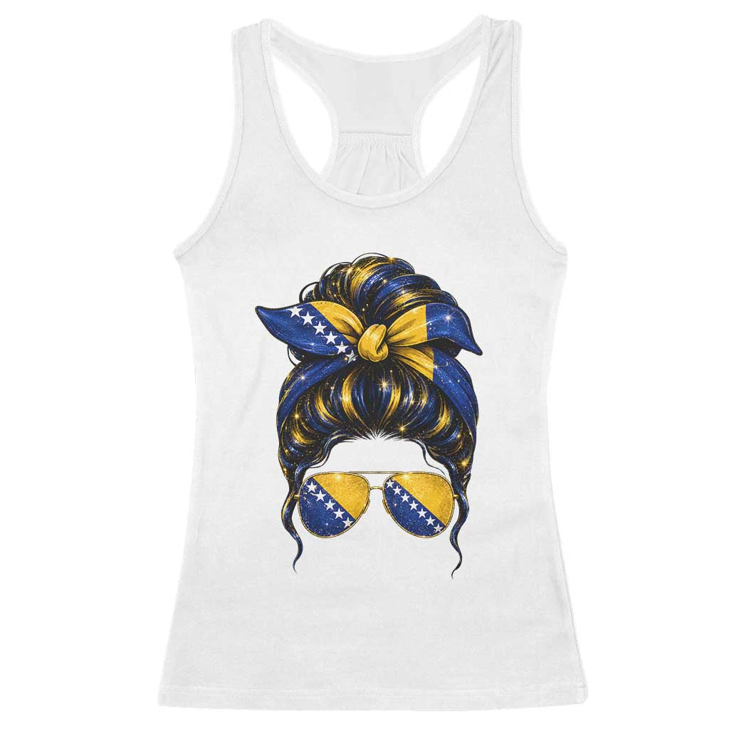 Bosnian Girl Messy Bun Flag Bandana Woman Graphic Racerback Tank Top Bosnia Herzegovina Pride TS02 White Print Your Wear