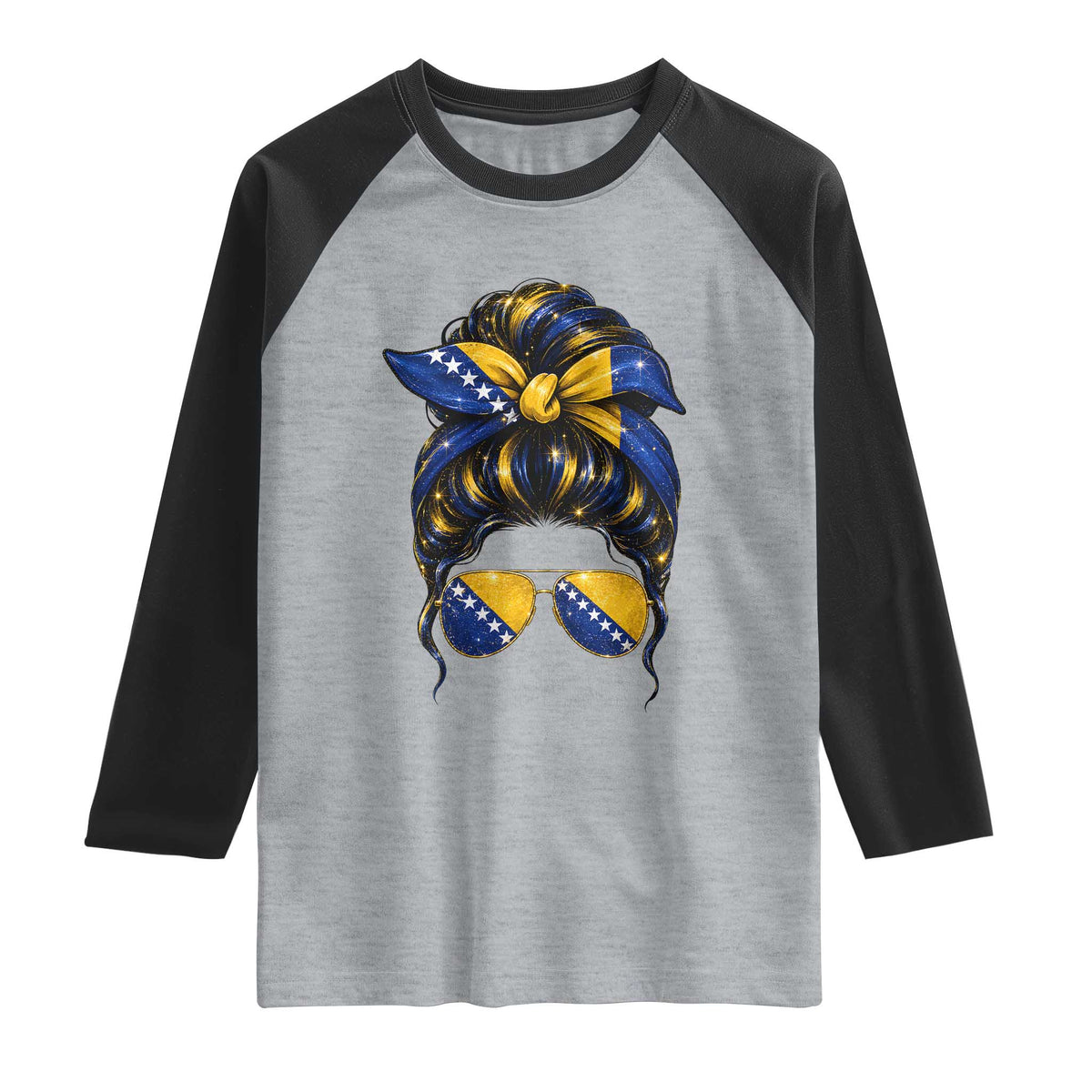 Bosnian Girl Messy Bun Flag Bandana Woman Graphic Raglan Shirt Bosnia Herzegovina Pride TS02 Heather Gray Black Print Your Wear