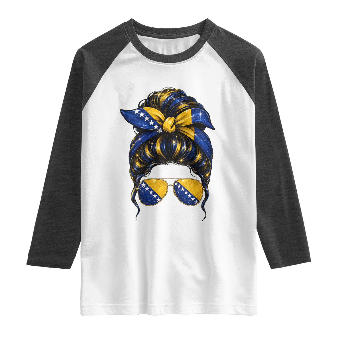 Bosnian Girl Messy Bun Flag Bandana Woman Graphic Raglan Shirt Bosnia Herzegovina Pride TS02 White Heather Charcoal Print Your Wear