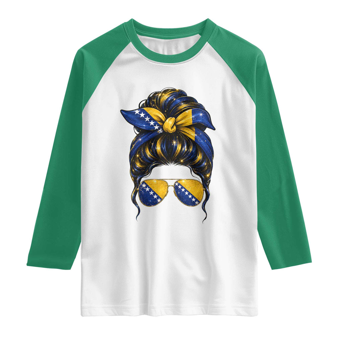 Bosnian Girl Messy Bun Flag Bandana Woman Graphic Raglan Shirt Bosnia Herzegovina Pride TS02 White Kelly Green Print Your Wear