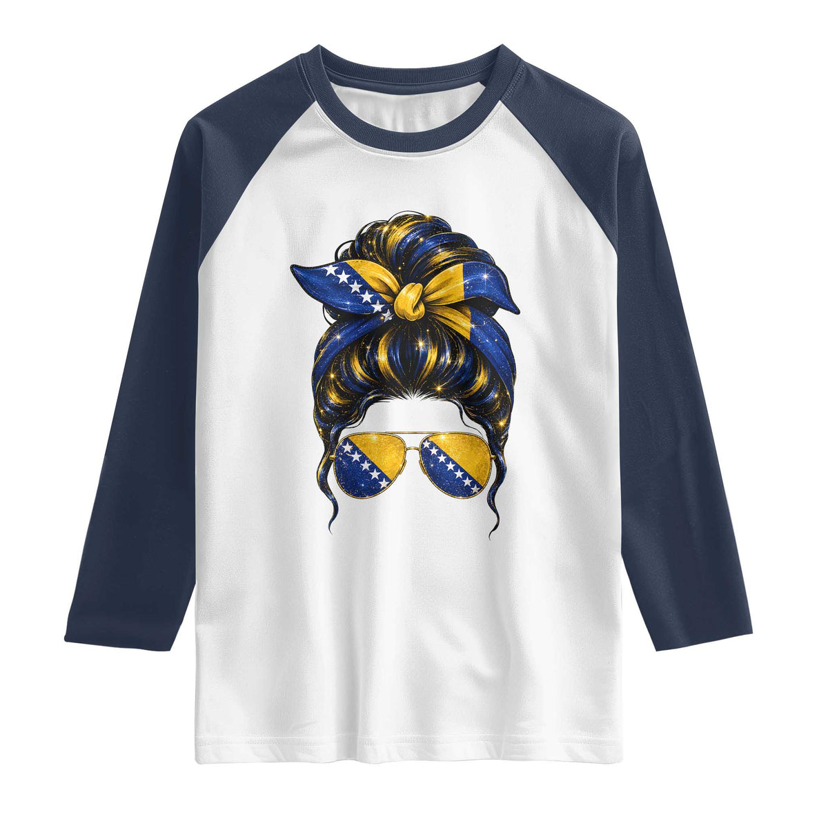Bosnian Girl Messy Bun Flag Bandana Woman Graphic Raglan Shirt Bosnia Herzegovina Pride TS02 White Navy Print Your Wear