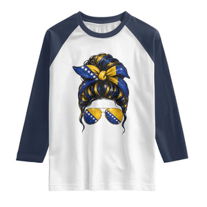 Bosnian Girl Messy Bun Flag Bandana Woman Graphic Raglan Shirt Bosnia Herzegovina Pride TS02 White Navy Print Your Wear