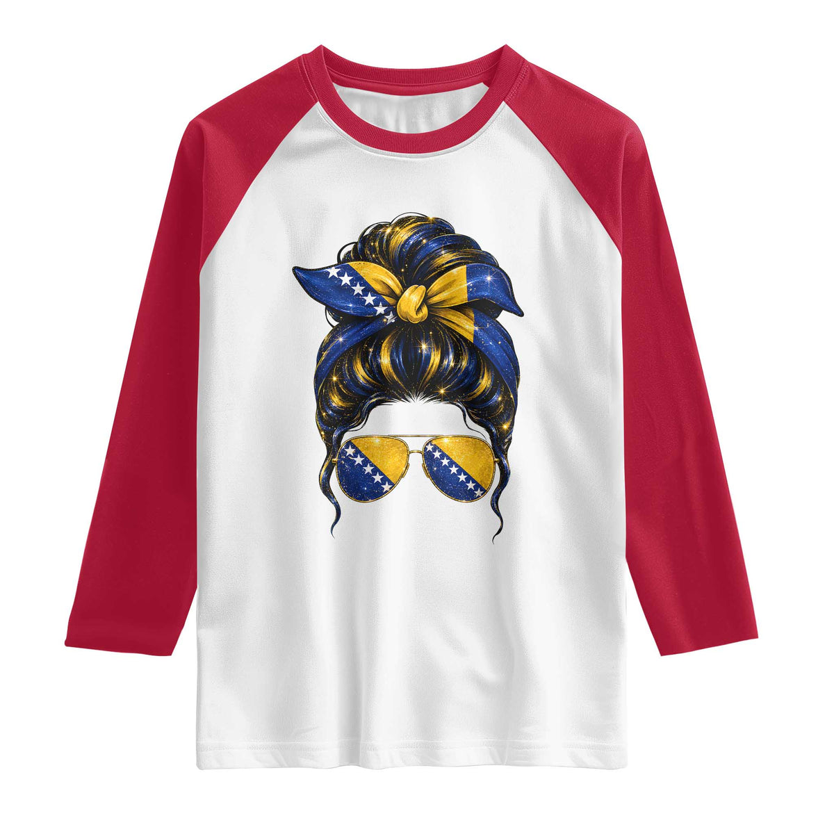 Bosnian Girl Messy Bun Flag Bandana Woman Graphic Raglan Shirt Bosnia Herzegovina Pride TS02 White Red Print Your Wear