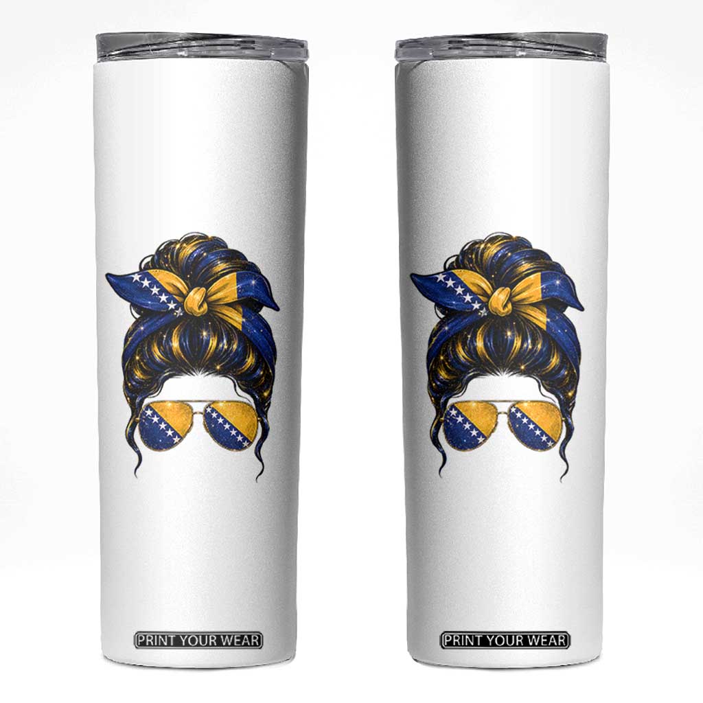 Bosnian Girl Messy Bun Flag Bandana Woman Graphic Skinny Tumbler Bosnia Herzegovina Pride