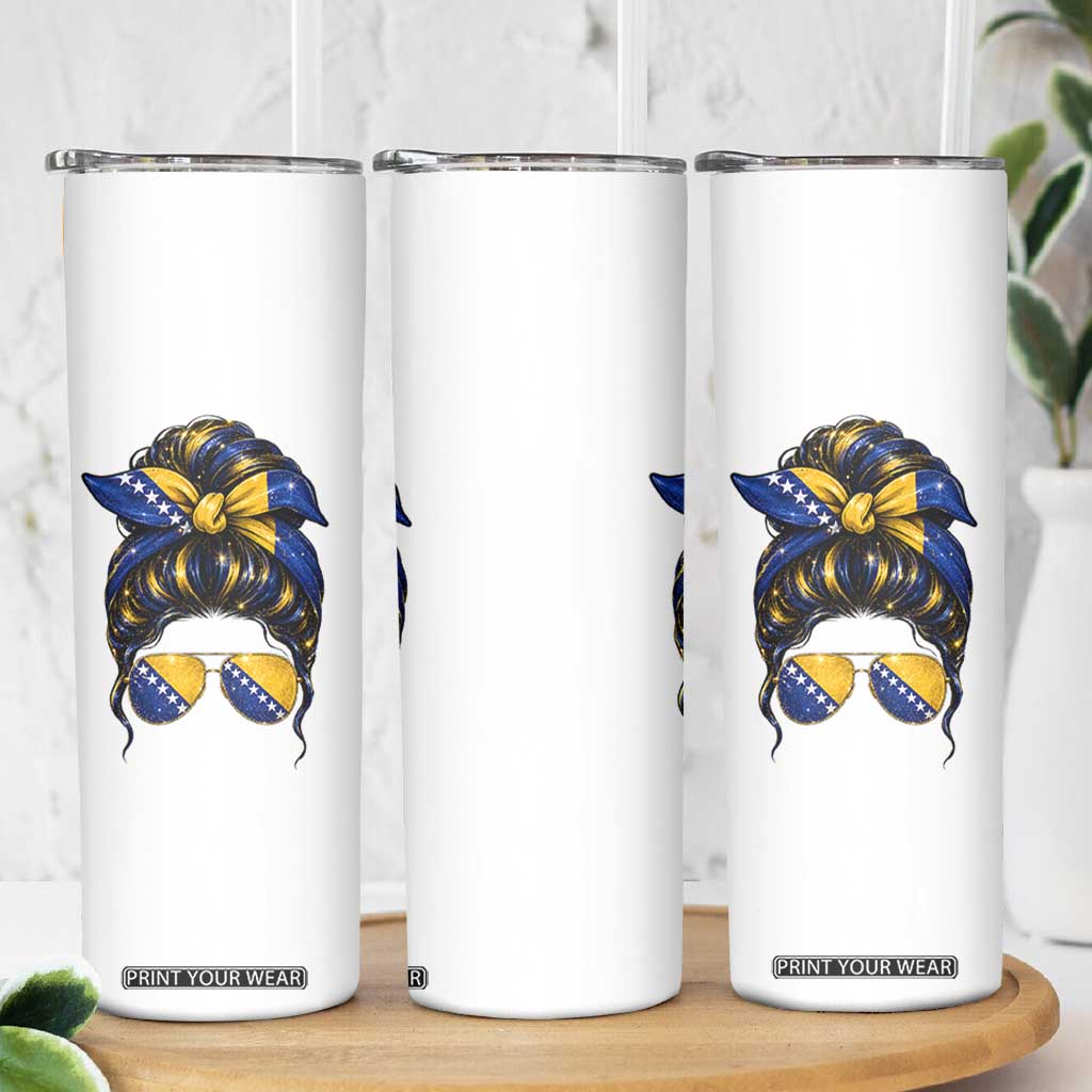 Bosnian Girl Messy Bun Flag Bandana Woman Graphic Skinny Tumbler Bosnia Herzegovina Pride