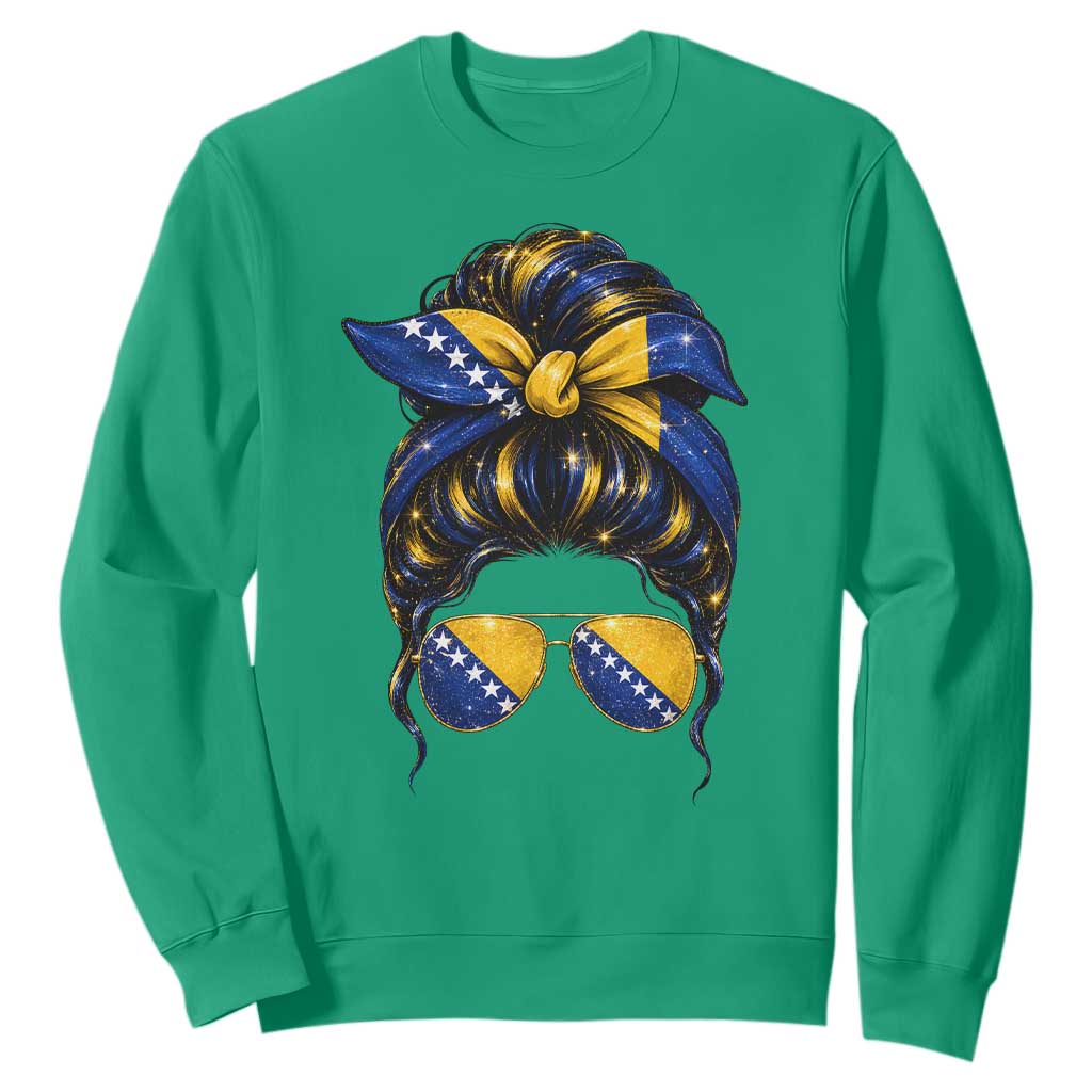 Bosnian Girl Messy Bun Flag Bandana Woman Graphic Sweatshirt Bosnia Herzegovina Pride TS02 Irish Green Print Your Wear