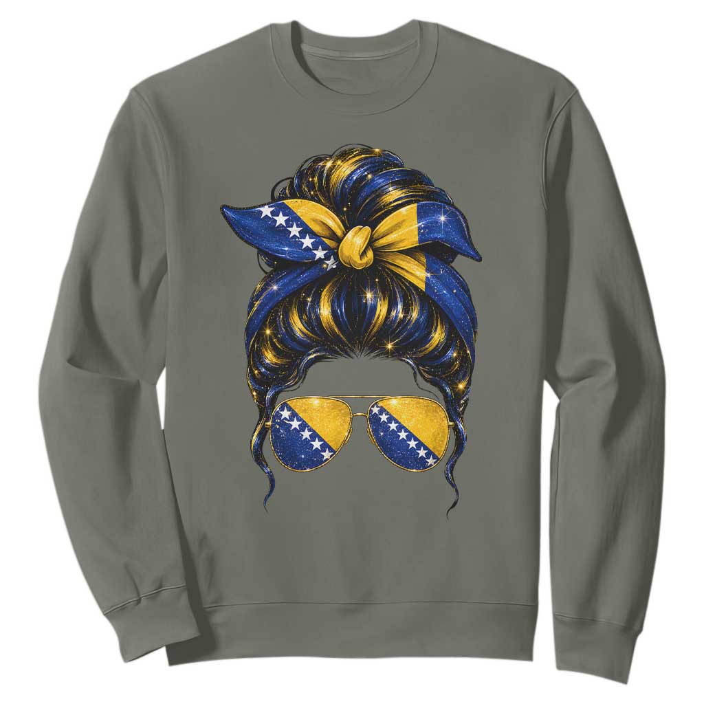 Bosnian Girl Messy Bun Flag Bandana Woman Graphic Sweatshirt Bosnia Herzegovina Pride TS02 Military Green Print Your Wear