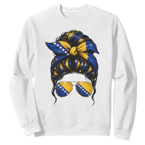 Bosnian Girl Messy Bun Flag Bandana Woman Graphic Sweatshirt Bosnia Herzegovina Pride TS02 White Print Your Wear