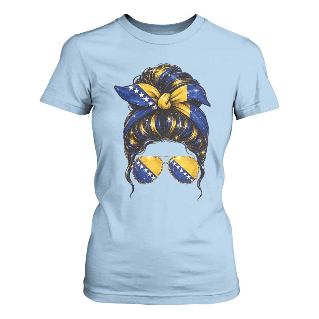Bosnian Girl Messy Bun Flag Bandana Woman Graphic T Shirt For Women Bosnia Herzegovina Pride TS02 Light Blue Print Your Wear