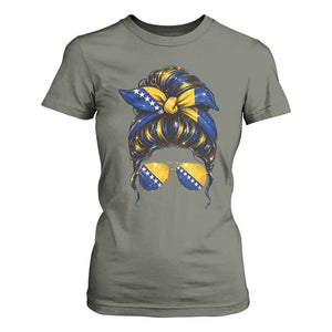 Bosnian Girl Messy Bun Flag Bandana Woman Graphic T Shirt For Women Bosnia Herzegovina Pride TS02 Military Green Print Your Wear