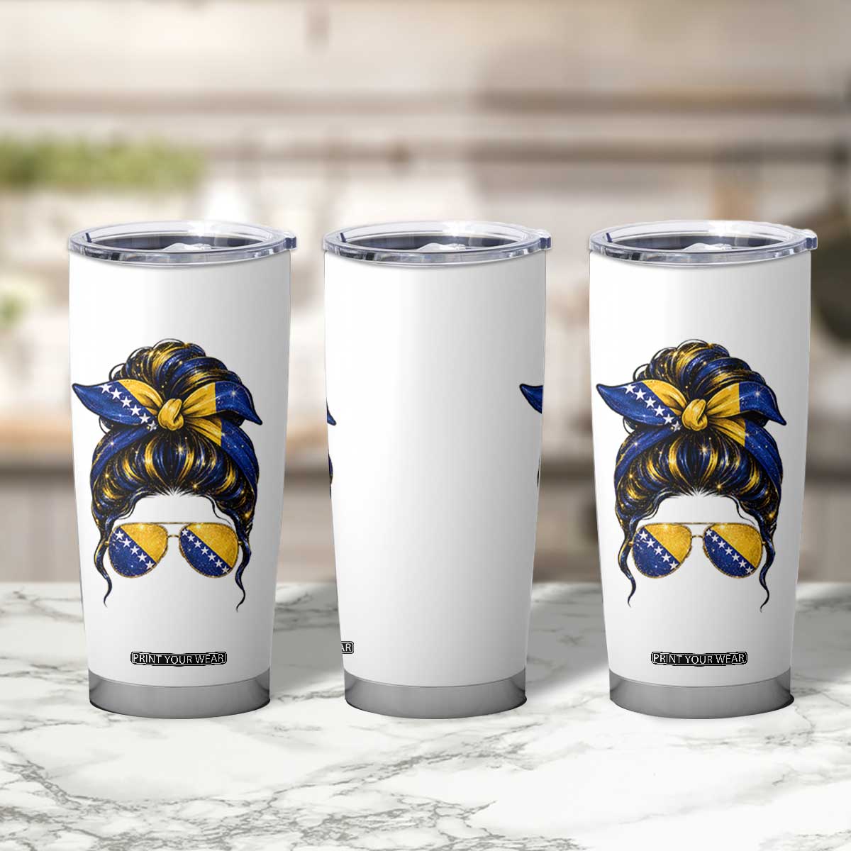 Bosnian Girl Messy Bun Flag Bandana Woman Graphic Tumbler Cup Bosnia Herzegovina Pride