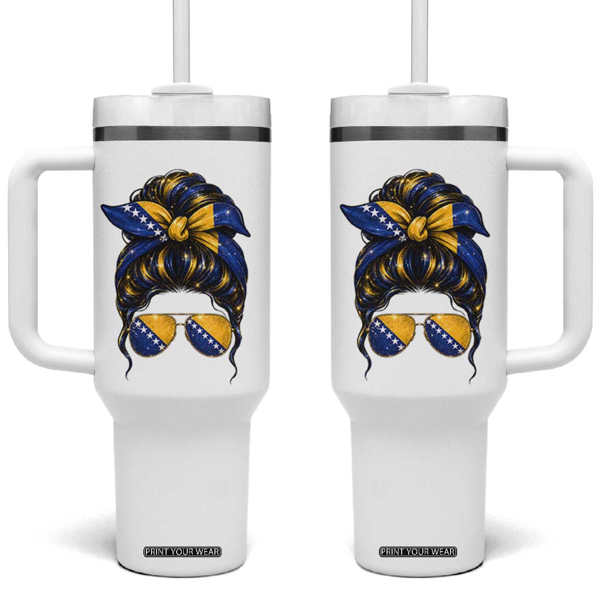 Bosnian Girl Messy Bun Flag Bandana Woman Graphic Tumbler With Handle Bosnia Herzegovina Pride TS02 One Size: 40 oz White Print Your Wear