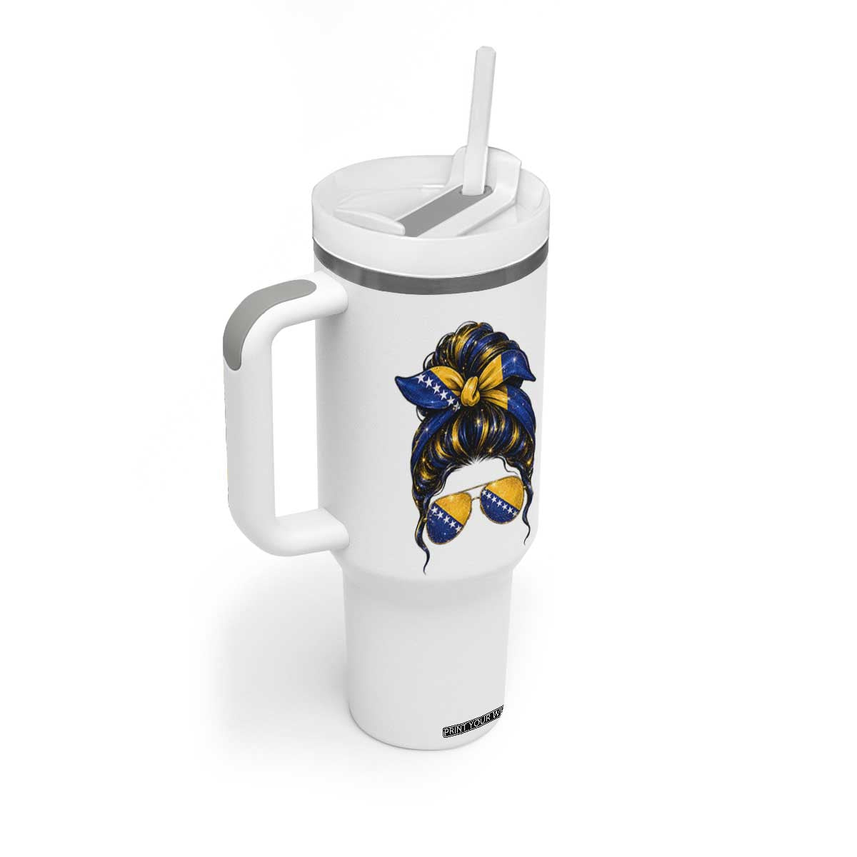 Bosnian Girl Messy Bun Flag Bandana Woman Graphic Tumbler With Handle Bosnia Herzegovina Pride