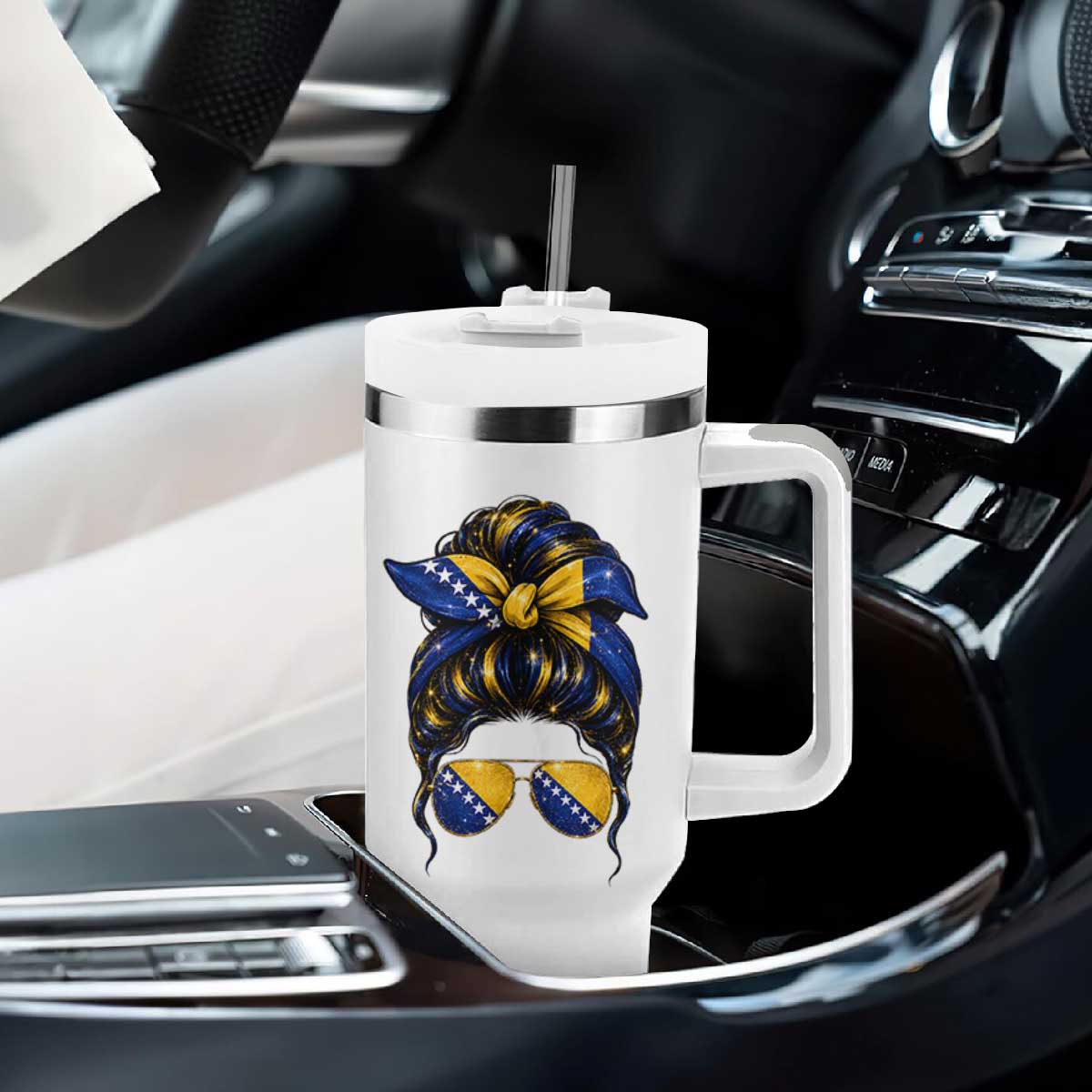 Bosnian Girl Messy Bun Flag Bandana Woman Graphic Tumbler With Handle Bosnia Herzegovina Pride