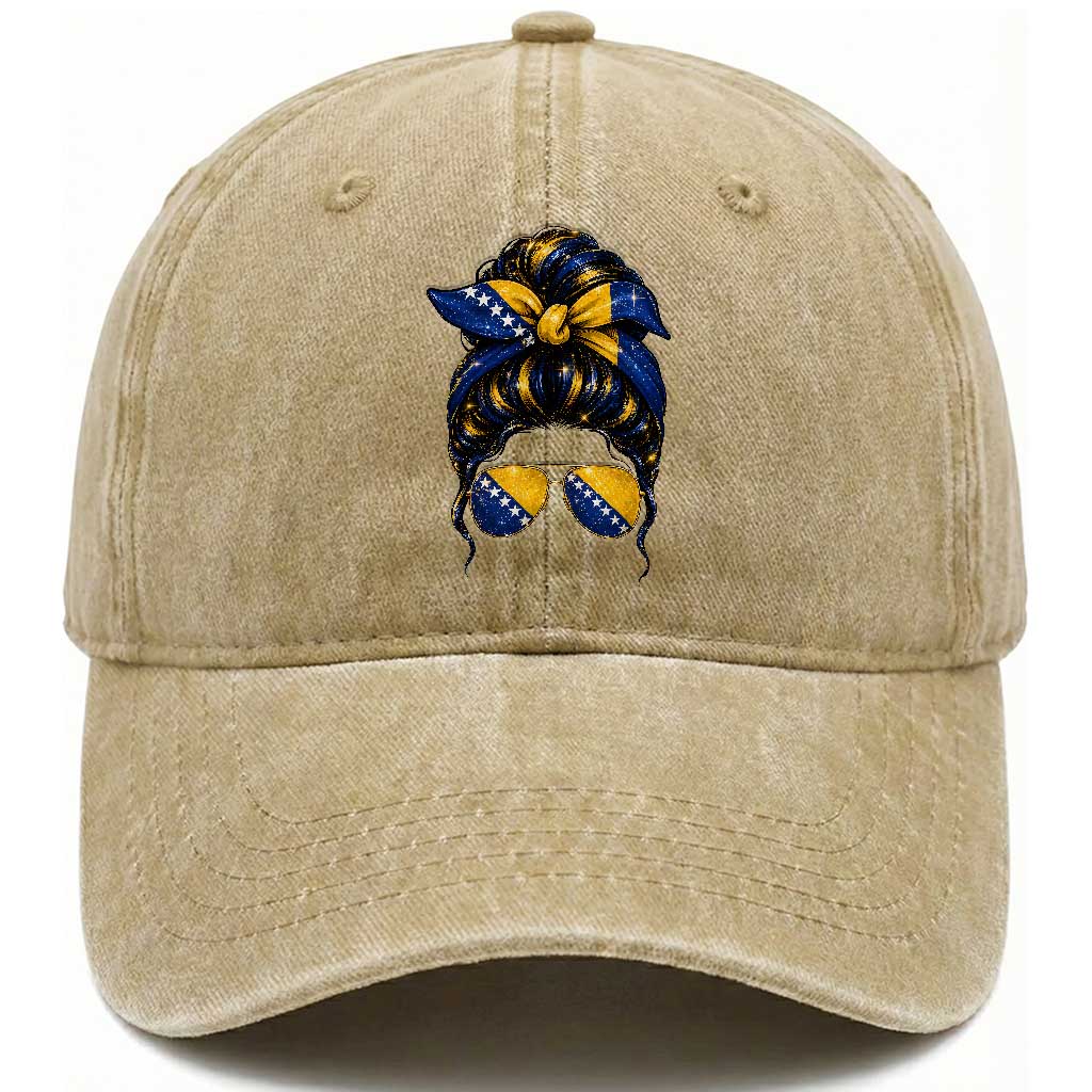 Bosnian Girl Messy Bun Flag Bandana Woman Graphic Washed Cotton Baseball Cap Bosnia Herzegovina Pride