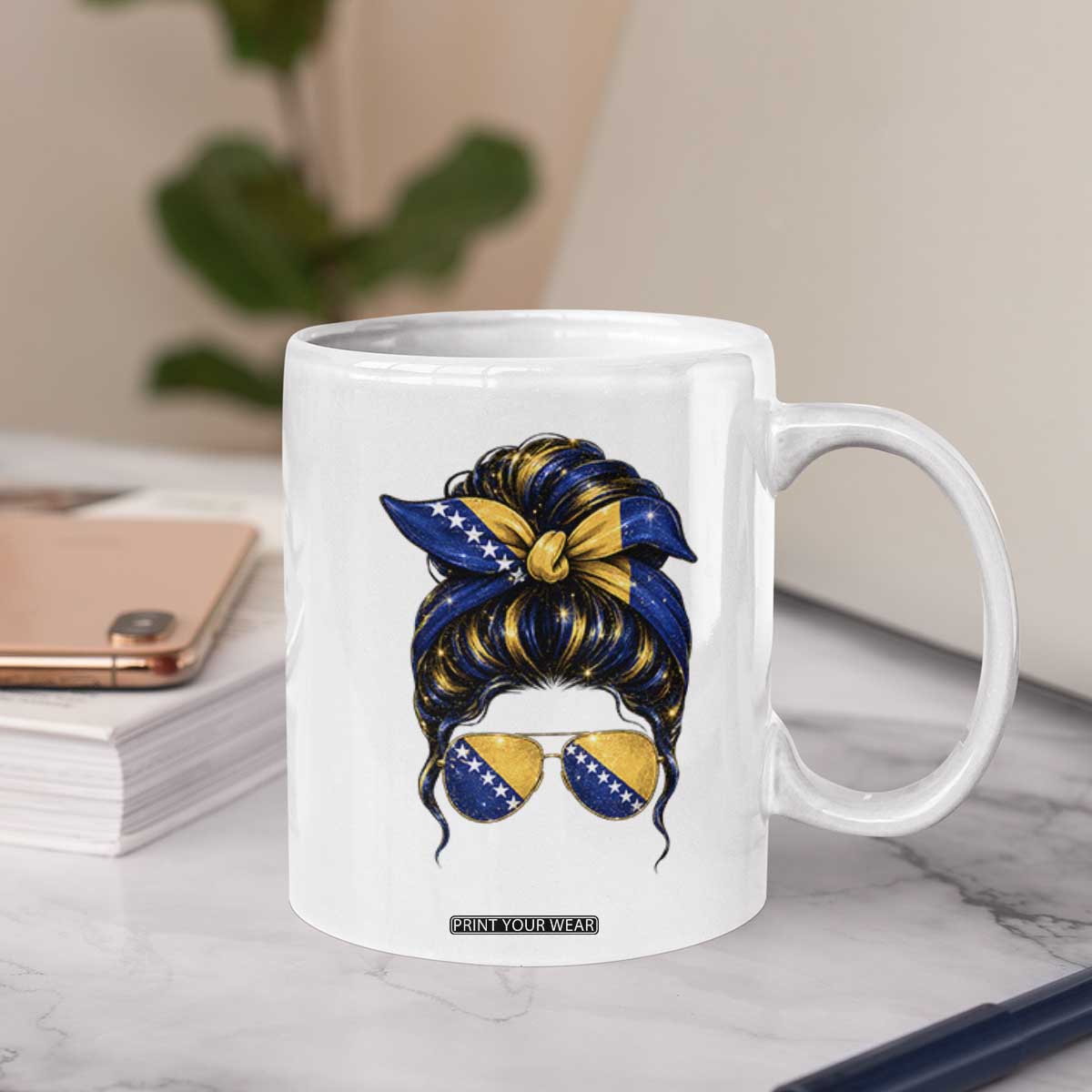 Bosnian Girl Messy Bun Flag Bandana Woman Graphic Coffee Mug Bosnia Herzegovina Pride