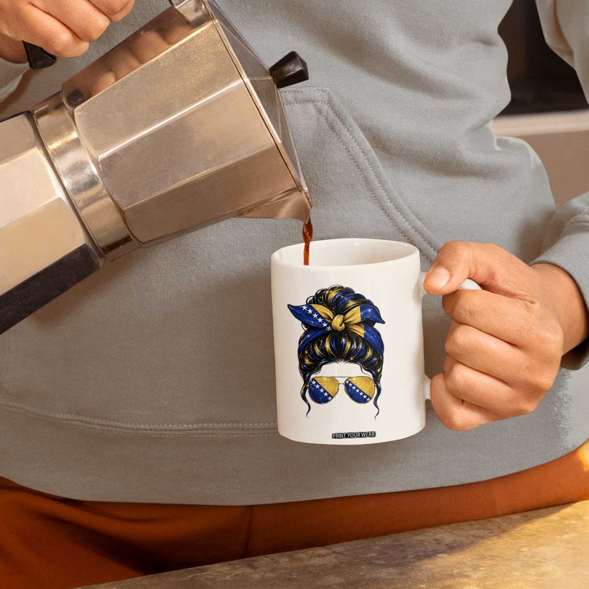 Bosnian Girl Messy Bun Flag Bandana Woman Graphic Coffee Mug Bosnia Herzegovina Pride
