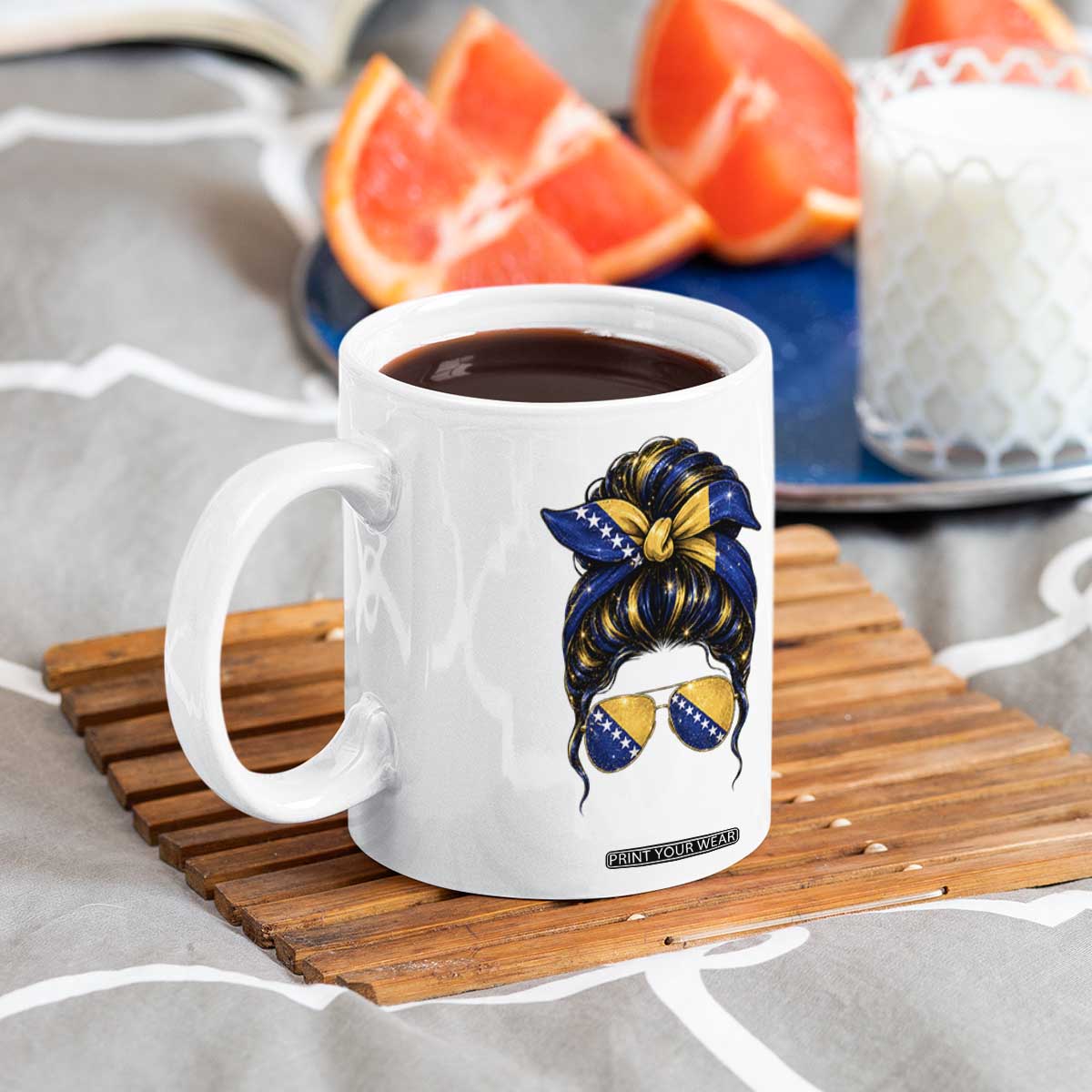 Bosnian Girl Messy Bun Flag Bandana Woman Graphic Coffee Mug Bosnia Herzegovina Pride