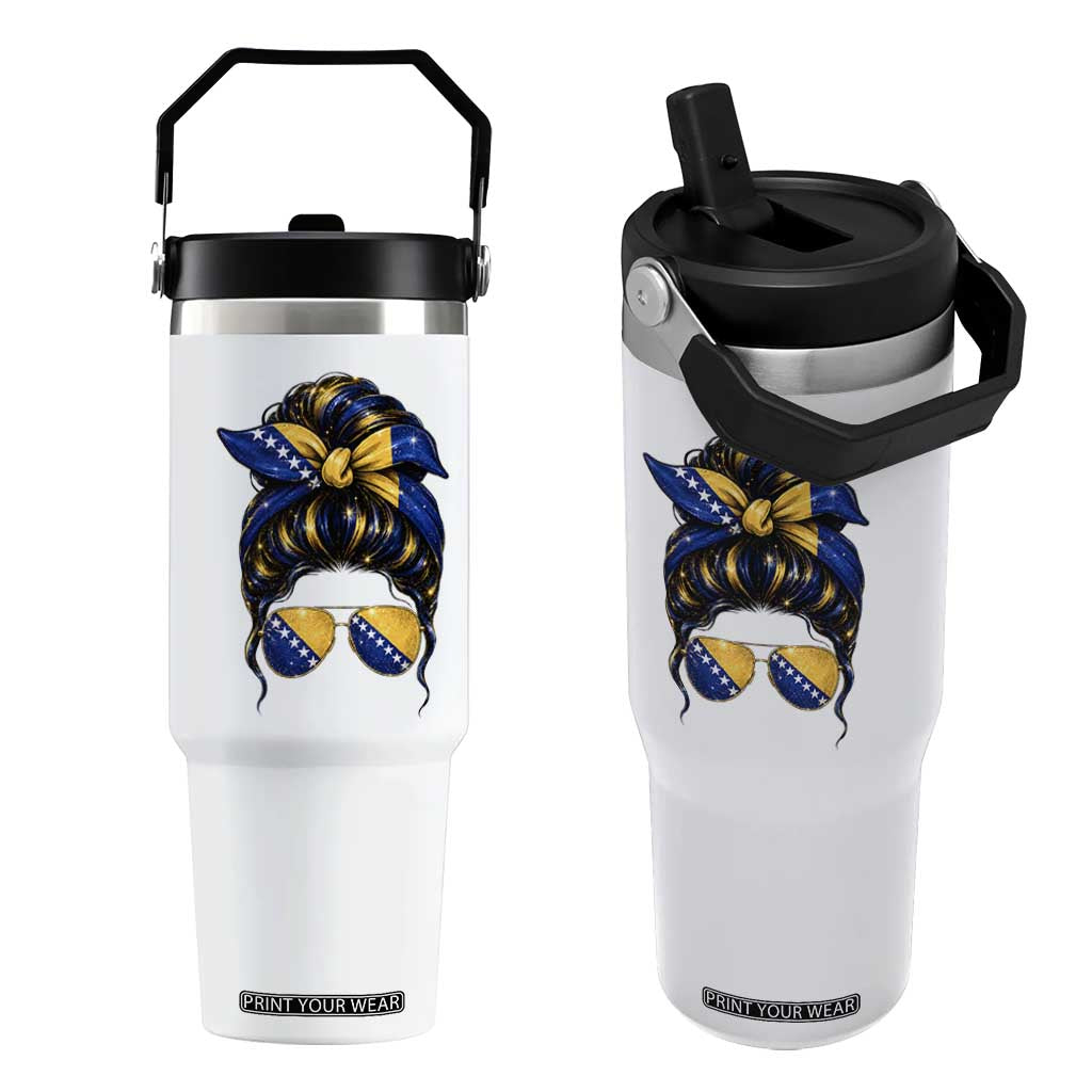 Bosnian Girl Messy Bun Flag Bandana Woman Graphic Flip Straw Tumbler Bosnia Herzegovina Pride