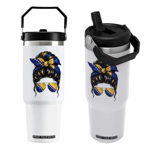 Bosnian Girl Messy Bun Flag Bandana Woman Graphic Flip Straw Tumbler Bosnia Herzegovina Pride