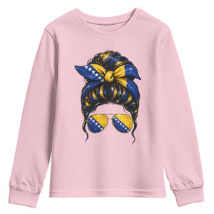 Bosnian Girl Messy Bun Flag Bandana Woman Graphic Youth Sweatshirt Bosnia Herzegovina Pride TS02 Light Pink Print Your Wear