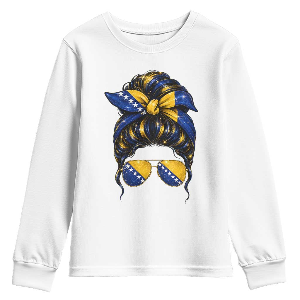 Bosnian Girl Messy Bun Flag Bandana Woman Graphic Youth Sweatshirt Bosnia Herzegovina Pride TS02 White Print Your Wear