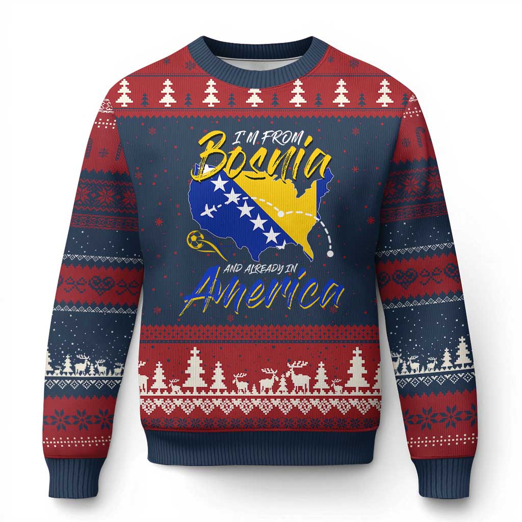 From Bosnia and Already in America Ugly Christmas Sweater Bosnian Soccer Fan Travel Bosnia Herzegovina Pride TS02 Navy Red Print Your Wear