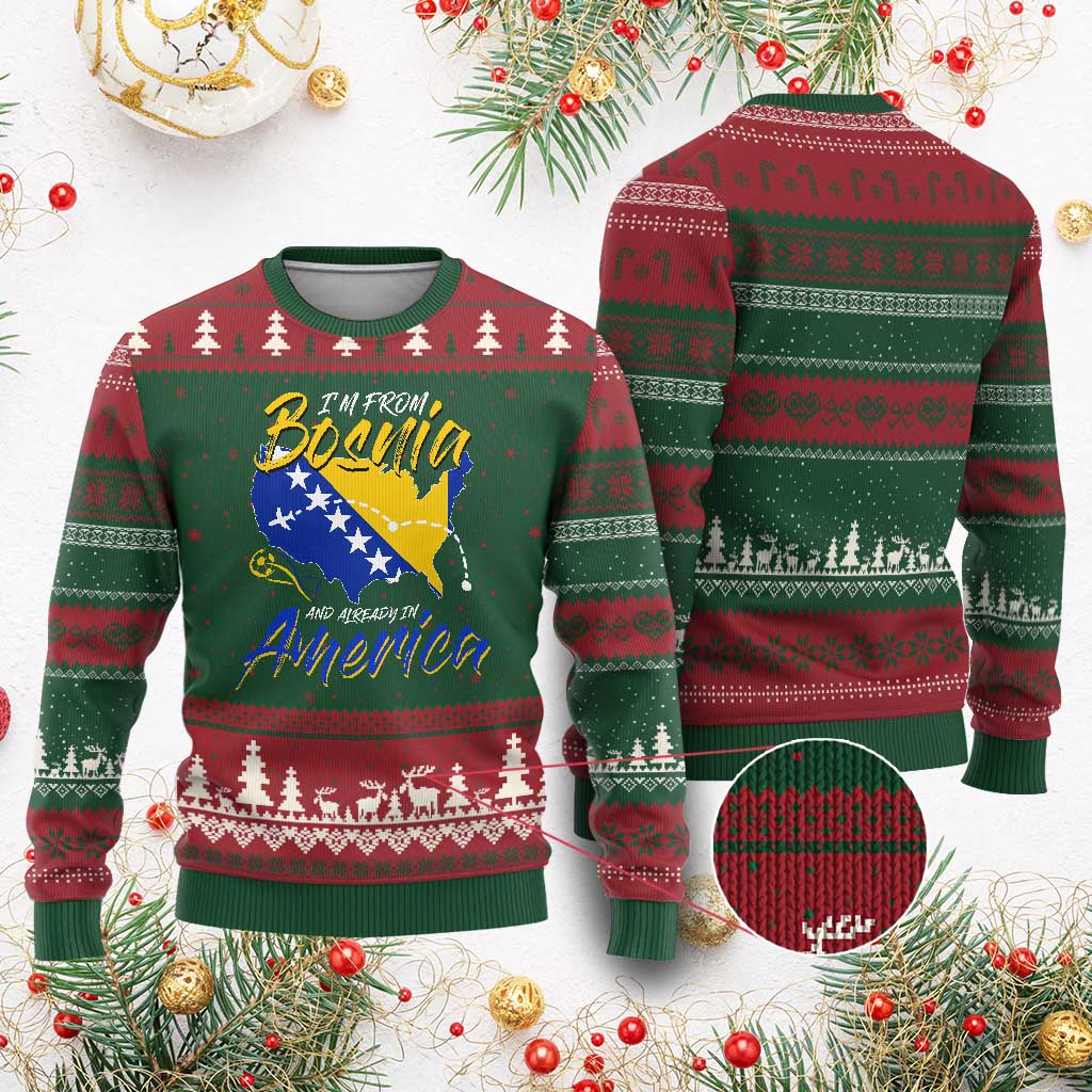 From Bosnia and Already in America Ugly Christmas Sweater Bosnian Soccer Fan Travel Bosnia Herzegovina Pride TS02 Red Green Print Your Wear