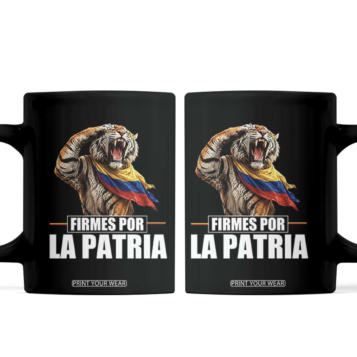 Firmes Por La Patria Colombian Pride Coffee Mug Roaring Saluting Tiger Patriotic Colombia Heritage Flag