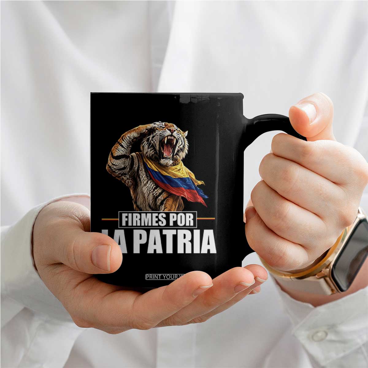 Firmes Por La Patria Colombian Pride Coffee Mug Roaring Saluting Tiger Patriotic Colombia Heritage Flag